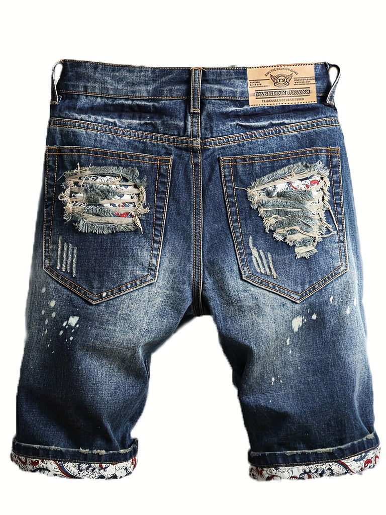 kkboxly  Men's Stylish Ripped Jeans Casual Royal Blue Shorts For Summer