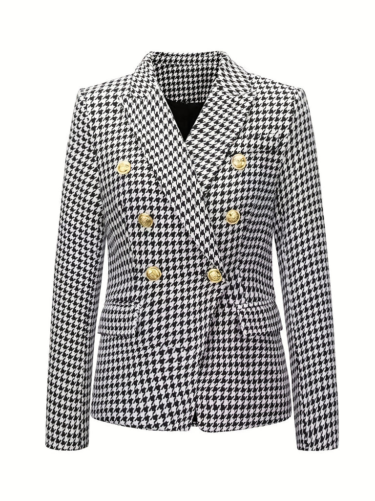 kkboxly  Houndstooth Print Lapel Blazer, Elegant Double Breasted Long Sleeve Outerwear, Women's Clothing