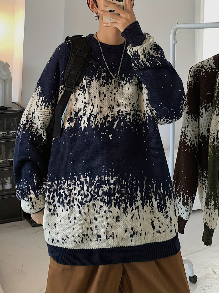 kkboxly  Plus Size Men's Knit Floral Pattern Sweater For Spring/autumn/winter, Men's Oversized Loose Fit Pullover Sweater For Males, Men's Clothing