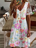 Kkboxly  Lace Contrast V-neck Floral Print Dress, Elegant Short Sleeve Loose Summer Beach Sundress Dresses, Women's Clothing
