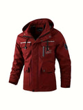 kkboxly  Windbreaker Hooded Jacket, Men's Casual Zip Up Multi Pocket Jacket Coat For Fall Winter Outdoor Activities