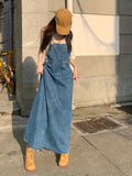 kkboxly  Blue Raw Hem Denim Overall Dress, Non-Stretch Loose Fit Split Denim Overall Dress, Women's Denim Clothing