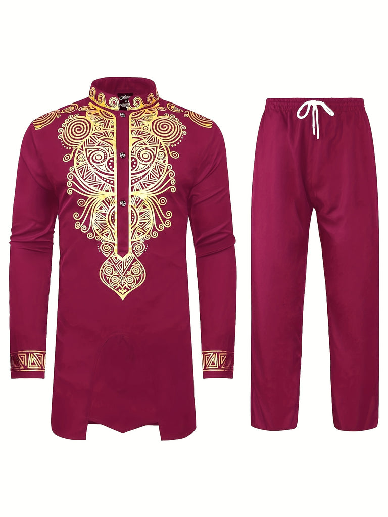 kkboxly  Men's African 2 Piece Set Long Sleeve Gold Print Dashiki And Pants Outfit Traditional Suit