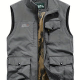 kkboxly  Zipper Pockets Cargo Vest, Men's Casual Outwear Stand Collar Zip Up Vest For Spring Summer Outdoor Fishing Photography