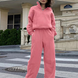 kkboxly  Casual Solid Two-piece Set, Zipper Front Long Sleeve Top & Slant Pocket Wide Leg Pants Outfits, Women's Clothing