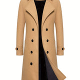 kkboxly  Classic Design Warm Coat, Men's Semi-formal Long Length Double Breasted Lapel Coat For Fall Winter Business