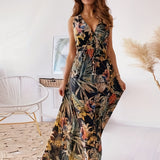 kkboxly  Boho Tropical Print Drawstring Dress, Casual Sleeveless V Neck Slim Waist Maxi Dress, Women's Clothing