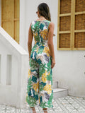 kkboxly  Boho Tropical Print Wide Leg Jumpsuit, Boho V-neck Sleeveless Tank Jumpsuit, Women's Clothing