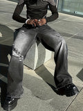 kkboxly  Men's Casual Ripped Jeans, Chic Street Style Loose Fit Denim Pants