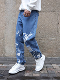 Y2K Men's Trendy Doodles Pattern Ripped Jeans Distressed Punk Men's Denim Pants Graffiti Pattern Loose Streetwear Hiphop Jeans