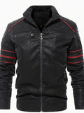kkboxly  Men's PU Leather Jacket, Casual Stand Collar Biker Jacket With Zipper Pockets