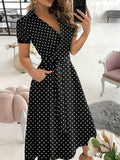 kkboxly  Geo Print Color Block Dress, Casual Slant Pocket Short Sleeve V-neck Dress, Women's Clothing