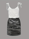 kkboxly  Camouflage Print Sleeveless Dress, V Neck Lace Up Elastic Dress, Casual Every Day Dress, Women's Clothing