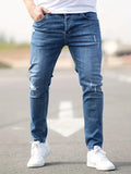 kkboxly  Ripped Design Cotton Slim Fit Jeans, Men's Casual Street Style Leg Mid Stretch Denim Pants For Spring Summer