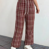 kkboxly  Plaid Pattern Drawstring Waist Pants, Casual Wide Leg Pants, Women's Clothing