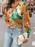 Abstract Flower Print Shirt, Versatile Long Sleeve Single Button Shirt For Spring & Fall, Women's Clothing