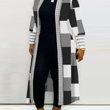 kkboxly  Plus Size Colorblock Longline Coat, Women's Plus Slight Stretch Casual Trench Coat