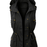 kkboxly  Plus Size Casual Coat, Women's Plus Solid Button Down Drawstring Hooded Vest Top With Flap Pockets