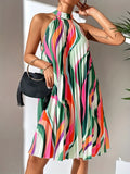 kkboxly  Striped Pleated Halter Neck Dress, Sexy Sleeveless Random Print Dress For Spring & Summer, Women's Clothing