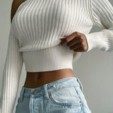kkboxly  Ribbed Asymmetrical Neck Knit Crop Sweater, Sexy Cold Shoulder Long Sleeve Pullover Sweater, Women's Clothing