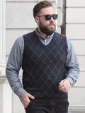 kkboxly  Men's Vest Sweater With Argyle Plaid Print, Oversized Fashion Sleeveless Knit V-neck Pullover For Spring/autumn, Men's Clothing, Plus Size