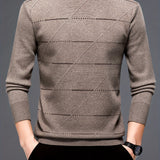 kkboxly  Men's Stylish Loose Stripe Pattern Knitted Sweater, Casual Breathable Long Sleeve Crew Neck Top For City Walk Street Hanging Outdoor Activities