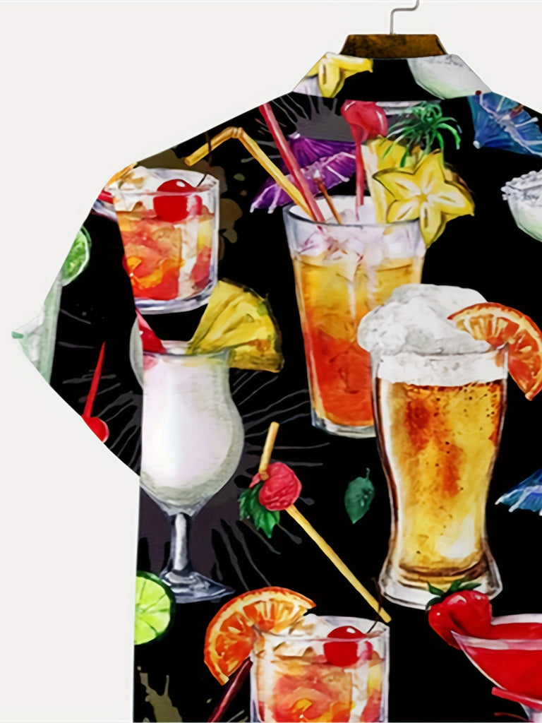 kkboxly  Trendy Drinks Print Men's Casual Short Sleeve Hawaiian Shirt, Men's Shirt For Summer Vacation Resort, Tops For Men
