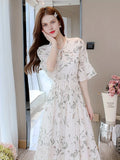 kkboxly  Plants Print Bow Tie Dress, Elegant Short Sleeve Pleated Dress, Women's Clothing