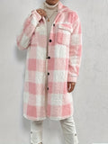 kkboxly  Plaid Pattern Teddy Coat, Casual Button Front Long Sleeve Outerwear, Women's Clothing