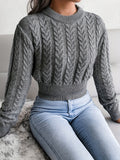 Solid Crew Neck Cable Knit Sweater, Casual Long Sleeve Pullover Sweater, Women's Clothing