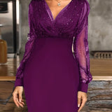 2025 kkboxly  Solid Sequin Stitching Lace Long Sleeve Dress, Elegant Mesh Slim Sexy Party Dress, Women's Clothing