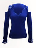 kkboxly  Beaded Cold Shoulder T-Shirt, Casual V-Neck Long Sleeve T-Shirt, Casual Every Day Tops, Women's Clothing