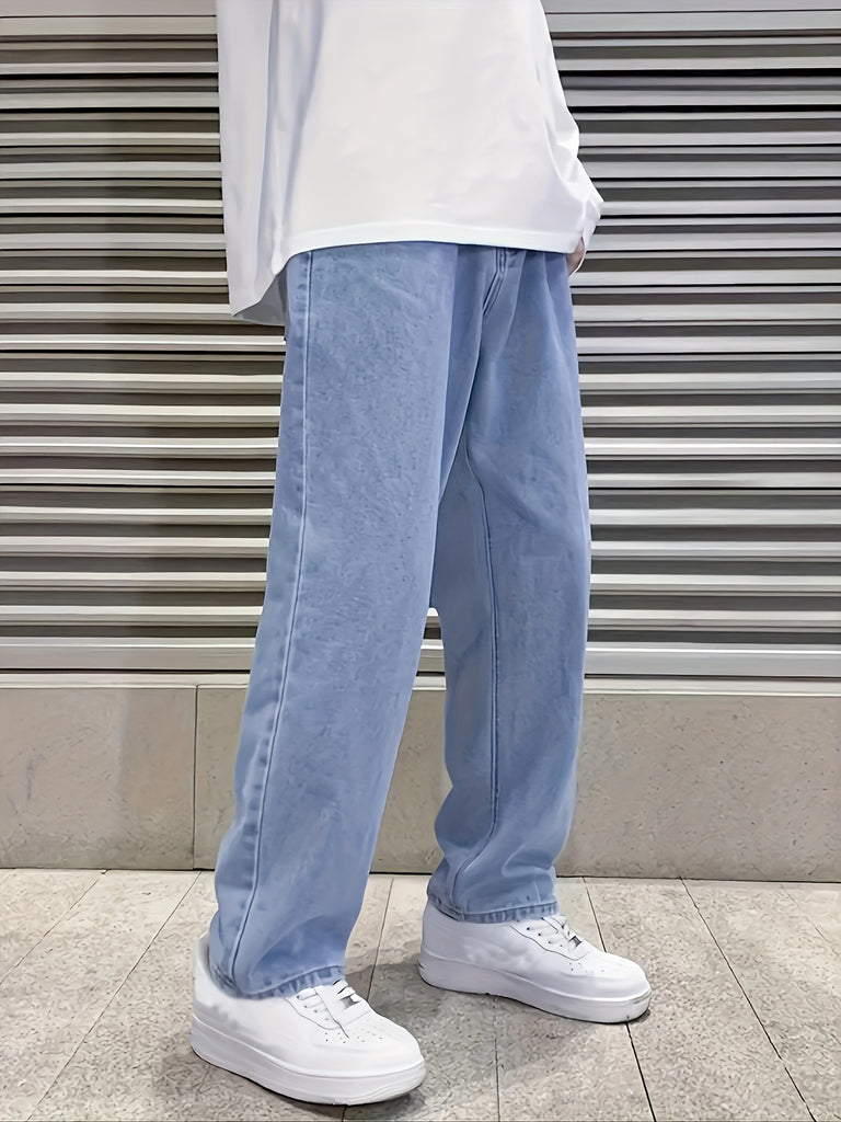 Loose Fit Jeans, Men's Casual Wide Leg Street Style Solid Color Denim Pants For Spring Fall