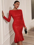 kkboxly  Backless Contrast Sequin Dress, Casual Mermaid Hem Long Sleeve Party Dress, Women's Clothing
