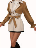 kkboxly  Color Block Belted Trench Coat, Elegant Long Sleeve Ruffle Cuff Coat, Women's Clothing