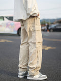 kkboxly Solid Color Men's Trendy Long Cargo Pants With Flap Pockets And Zipper Design, All Seasons Outdoor