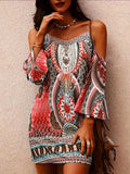 kkboxly  Ethnic Floral Cold Shoulder Dress, Boho Summer Mini Cami Dress, Women's Clothing