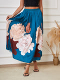 Floral Print Flared Pleated Skirt, Elegant Elastic Waist Midi Skirt, Women's Clothing