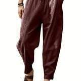 Breathable Baggy Loose Fit Pants, Men's Casual Solid Color Cotton Blend Drawstring Pants For Spring Summer