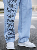 kkboxly  Letter Print Loose Fit Jeans, Men's Casual Street Style Wide Leg Denim Pants For All Seasons