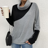 kkboxly  Color Block Turtle Neck Sweatshirts, Casual Loose Stitching Sweater, Women's Clothing