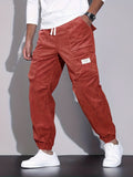 kkboxly  Men's Stylish Solid Corduroy Cargo Joggers With Pockets, Causal Breathable Drawstring Men's Bottom Clothing For City Walk Street Hanging Outdoor Activities