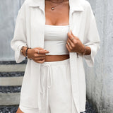 kkboxly Casual Matching Two-piece Set, Button Front Blouse & Drawstring Shorts Outfits, Women's Clothing