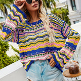 kkboxly  Hollow Striped Knit Sweater, Casual Crew Neck Long Sleeve Sweater, Women's Clothing