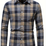 kkboxly Plaid Pattern Men's Chic Comfy Long Sleeve Button Up Shirt For Spring Fall Outdoor