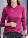 kkboxly  Bright Color Long Sleeve V-Neck Tops, Casual Fall Winter Blouses, Women's Clothing