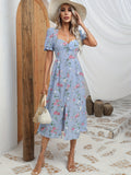 kkboxly  Floral Print Sweetheart Neck Dress, Vacation Puff Sleeve Split High Waist Dress, Women's Clothing