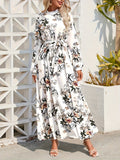 kkboxly  Floral Print Tie Waist Long Sleeve Dress, Crew Neck Casual Dress For Summer & Spring, Women's Clothing