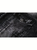 kkboxly  Letter Print Loose Fit Distressed Denim Jacket, Men's Casual Lapel Vintage Style Multi Pocket Denim Jacket Coat For Spring Fall