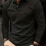 kkboxly Solid Men's Casual Comfy Long Sleeve Lapel Shirt With Chest Pocket For Everyday Wear In Spring And Autumn